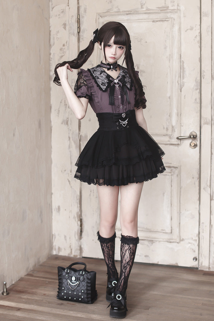 Purple [Dreamy Love Ballad] Lapel Collar Short Sleeves Double-Layered Ruffled Cut-Out Bow Gothic Japanese Jirai Kei Skirt Set - Product - 3