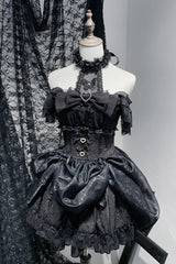 Black [Rose Dream] Halterneck Short Sleeves Print Ruffle Bowknot Lace Gothic Jirai Kei Dress - Black - 1