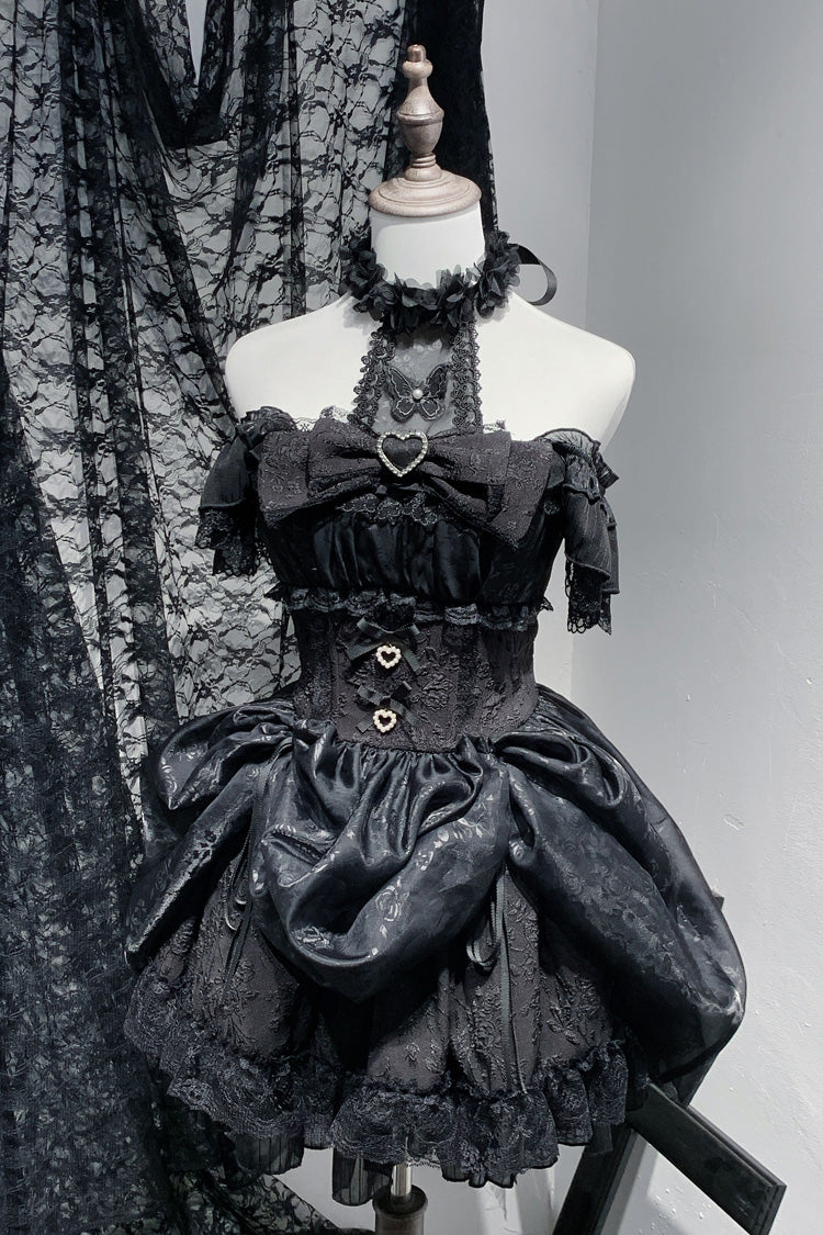 Black [Rose Dream] Halterneck Short Sleeves Print Ruffle Bowknot Lace Gothic Jirai Kei Dress - Black - 1