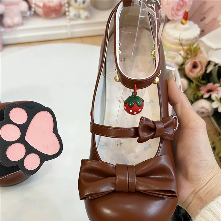 Round Toe Bow Mid Heel Lolita Mary Jane Shoes with Cat Paw Heels & Ankle Bells 6 Colors - Chocolate-Brown - 6