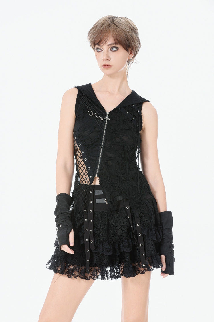 Black Sleeveless Mesh Ripped Asymmetric Zippered Eyelet Women's Punk Hooded Top - Product - 5