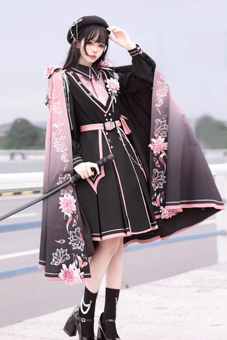 Black/Pink Long Sleeves Ruffle Gothic Military Elegant Princess Lolita Dress - Product - 4