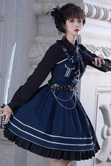 Blue Ruffle Lace-Up Gothic Military Handsome Lolita Dress - Product - 5