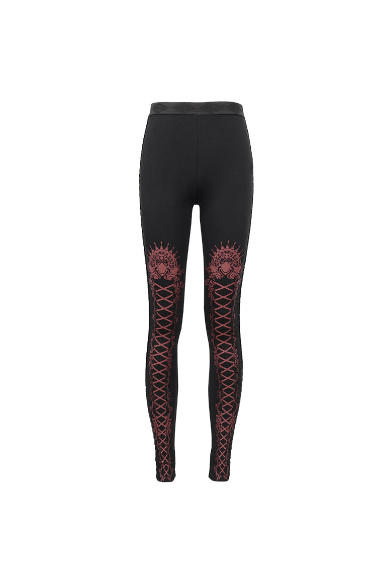 Black/Red Printed Decoration Tie Rope Elasticity Women's Gothic Leggings - Product - 7