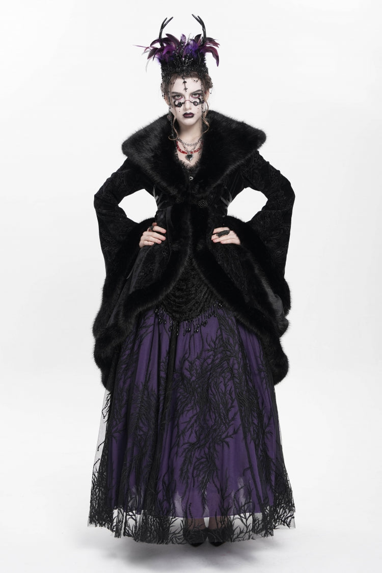 Black Long Sleeves Floral Embroidery Women's Gothic Fluffy Coat - Product - 11