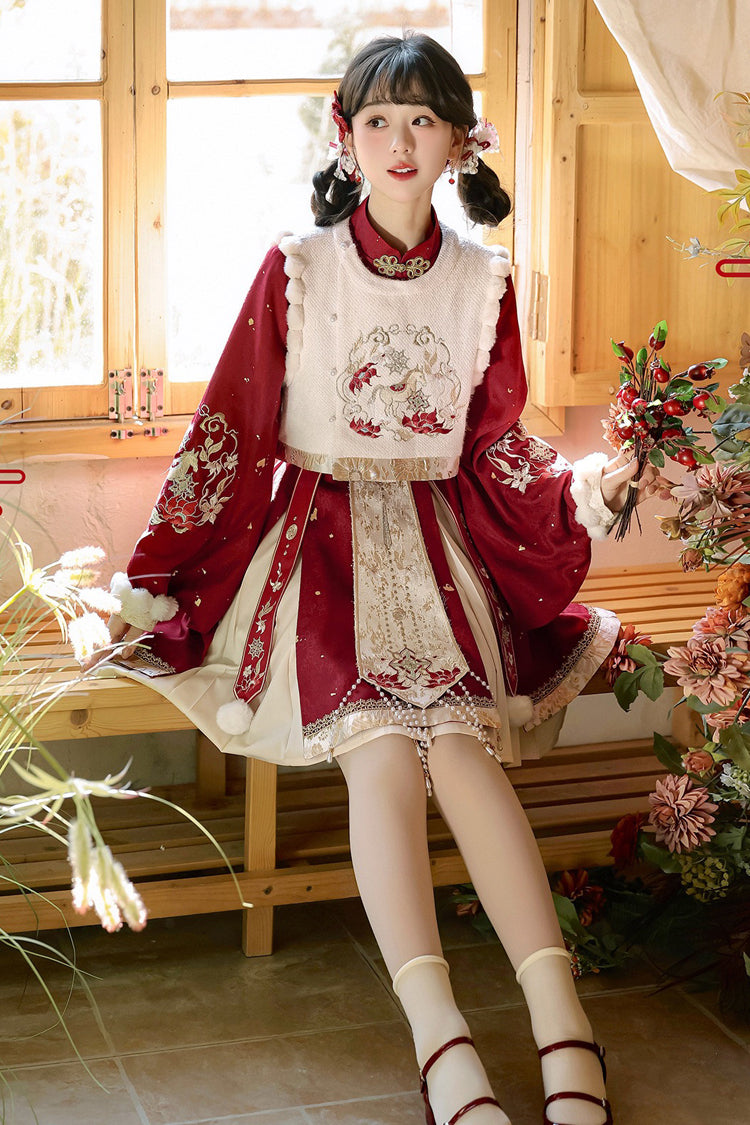Red Round Collar Long Lantern Sleeves High Waisted Embroidered Women's Sweet Hanfu Dress Set - Product - 6