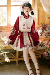 Red Round Collar Long Lantern Sleeves High Waisted Embroidered Women's Sweet Hanfu Dress Set - Product - 6