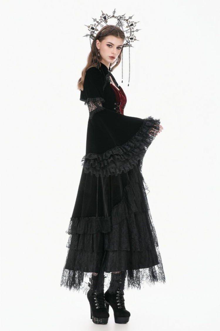 Black Keyhole Mandarin Collar Long Flare Sleeves Velvet Splice Lace Women's Gothic Shrug - Product - 10