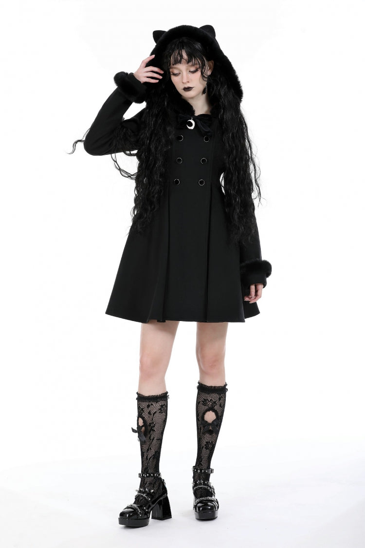 Black Long Sleeves Crescent Moon Bow Spliced Double-breasted Women's Gothic Coat with Cat Ear Hood - Product - 10