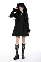 Black Long Sleeves Crescent Moon Bow Spliced Double-breasted Women's Gothic Coat with Cat Ear Hood - Product - 10