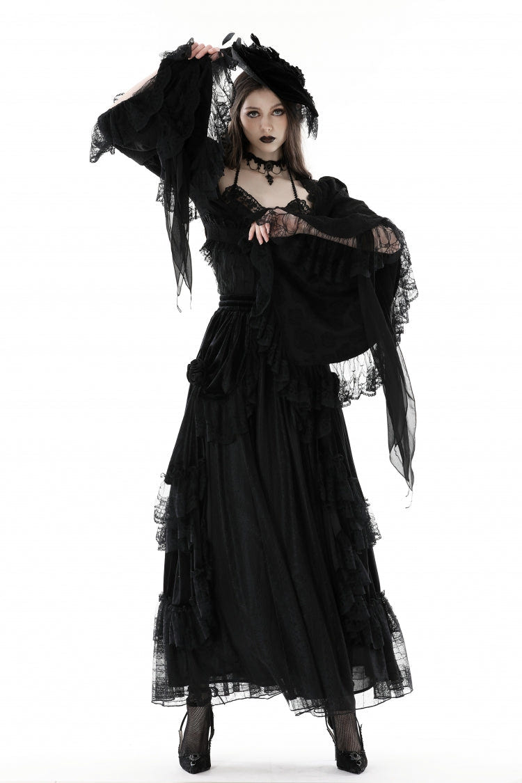 Black Women's Gothic Vintage Long Flared Sleeves Lace Splice Shrug - Product - 10