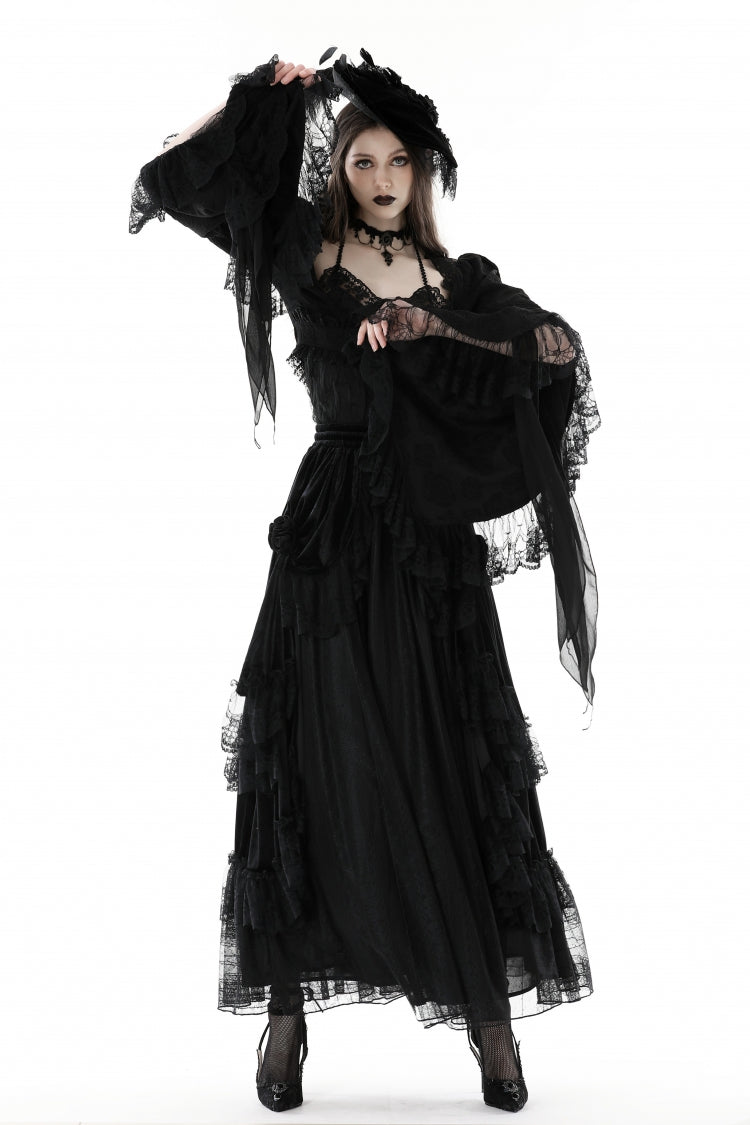 Black Women's Gothic Vintage Long Flared Sleeves Lace Splice Shrug - Product - 10