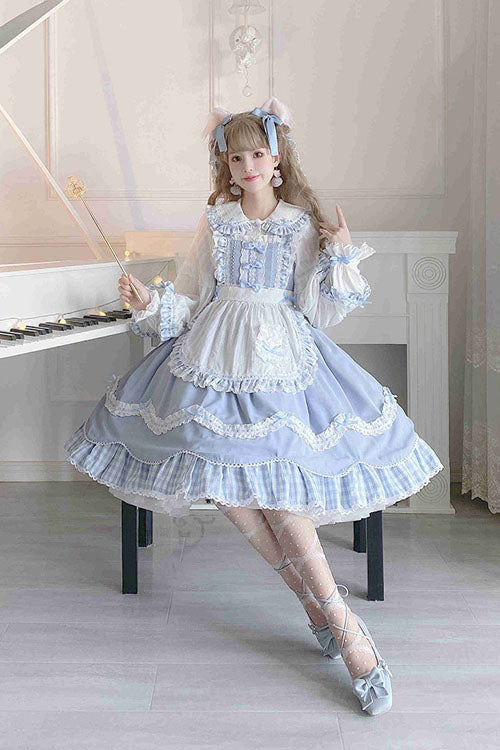 Blue Lapel Collar Bowknot Multi-Layer Ruffled Sweet Lolita JSK Dress - Product - 5