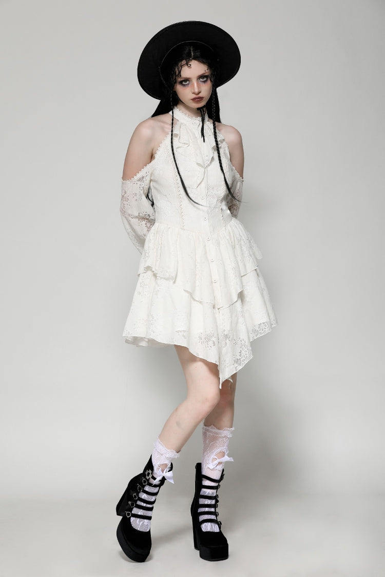 Beige Halter Off Shoulder Lapel Collar Long Flare Sleeves Lace-Up Women's Steampunk Dress - Product - 10