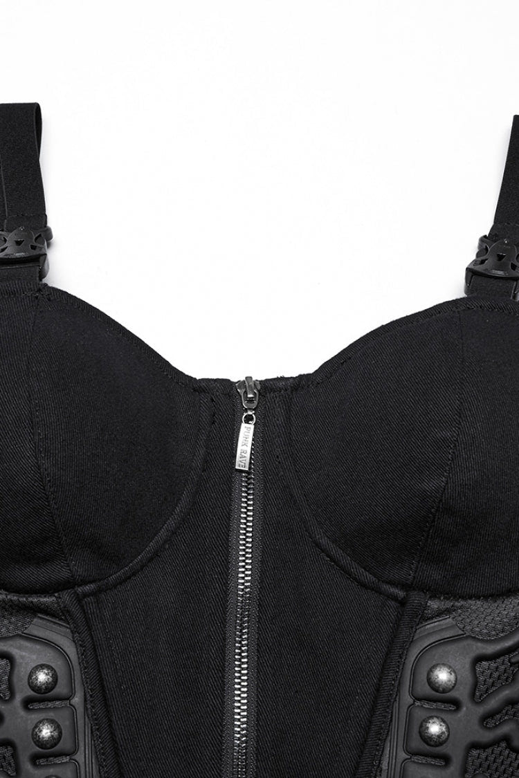 Black Sleeveless Lace-Up Rivet Buckle Women's Punk Vest - Product - 5