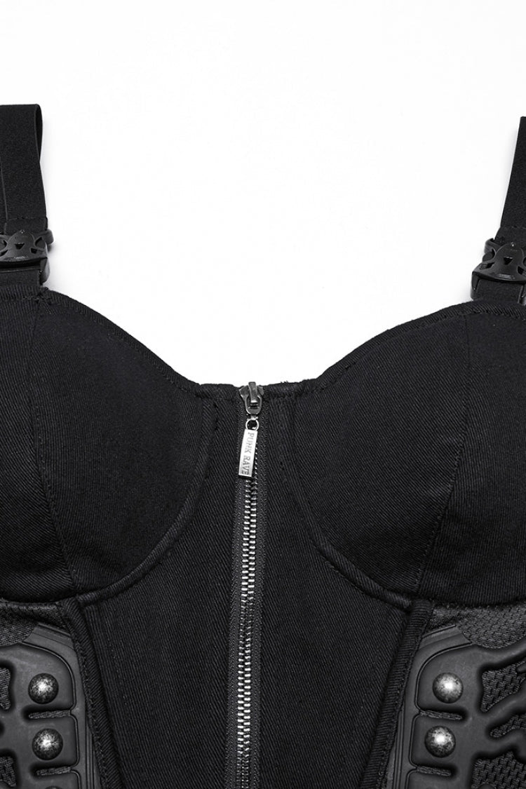 Black Sleeveless Lace-Up Rivet Buckle Women's Punk Vest - Product - 5