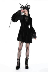 Black Women's Gothic Cross Lace Ruffled Stand Collar Long Flared Sleeves Lace-Up Velvet Dress - Product - 8