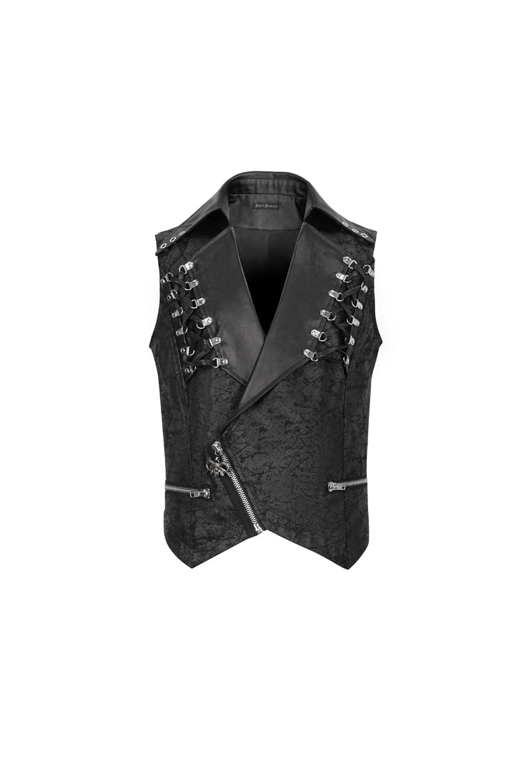 Black Lapel Fitted Atomized Crack Front Chest Crossover Rope Men's Punk Vest - Product - 6