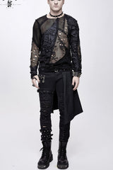 Black A Variety Of Mesh Materials Stitching Unedged Broken Holes Round Collar Men's Punk T-Shirt - Black - 1