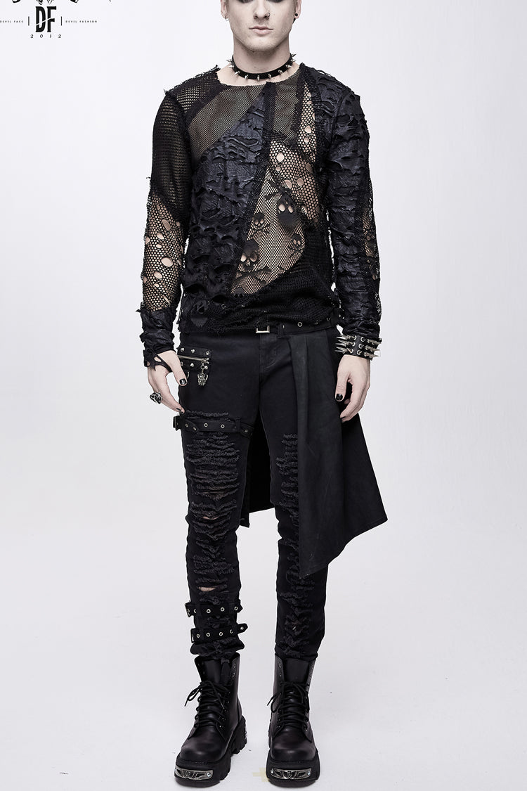 Black A Variety Of Mesh Materials Stitching Unedged Broken Holes Round Collar Men's Punk T-Shirt - Black - 1