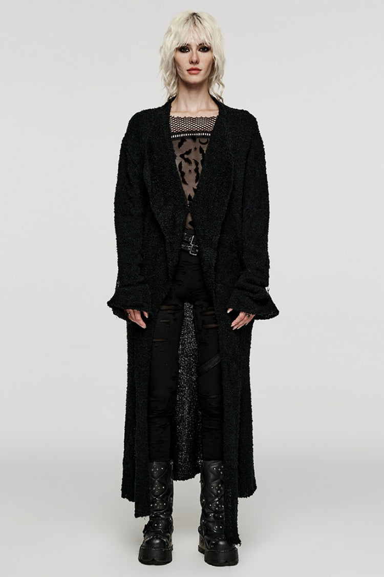 Black Lapel Collar Long Sleeves Wool Slit Hem Irregular Women's Punk Jacket - Black - 1
