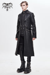 Black Stand Up Collar Waist Leather Hasp Leather Long Men's Punk Coat - Product - 3