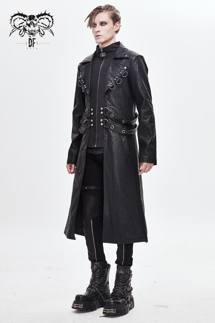 Black Stand Up Collar Waist Leather Hasp Leather Long Men's Punk Coat - Product - 3