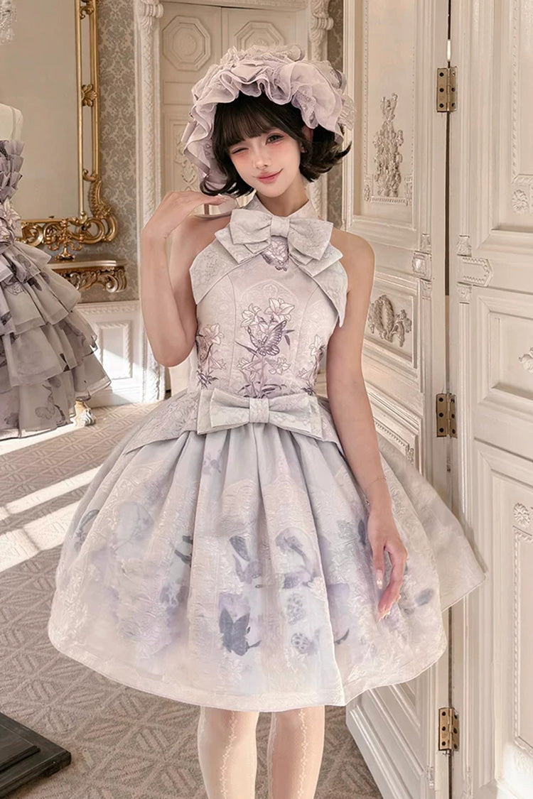 [Stained Glass Dream] Halterneck Sleeveless Printed Embroidered Bow Gothic Lolita Dress 2 Colors (Black/Purple, White/Purple) - White/Purple - 10