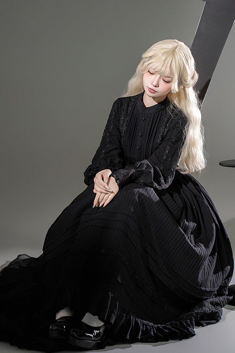 Black [Quiet Place] Long Sleeves Jacquard Ruffle Embroidery Bowknot Gothic Lolita Dress - Product - 7