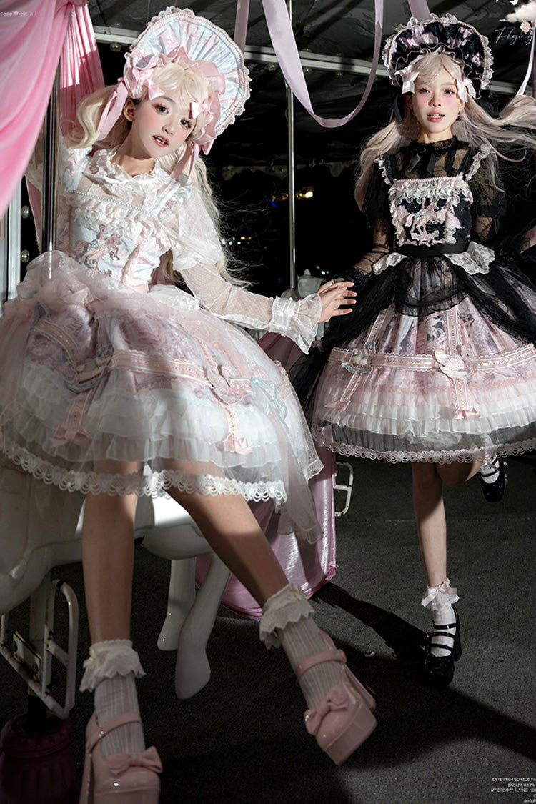 Pink/Blue [Pegasus Park] Multi-Layered Print Ruffle Bowknot Lace Sweet Gorgeous Lolita Jsk Dress - Product - 16