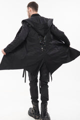Black Punk Back Splicing Straps Design Windproof Fabric Daily Matching Hooded Casual Men's Coat - Product - 5