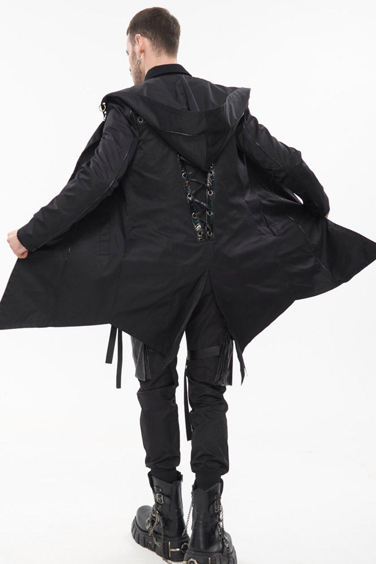 Black Punk Back Splicing Straps Design Windproof Fabric Daily Matching Hooded Casual Men's Coat - Product - 5