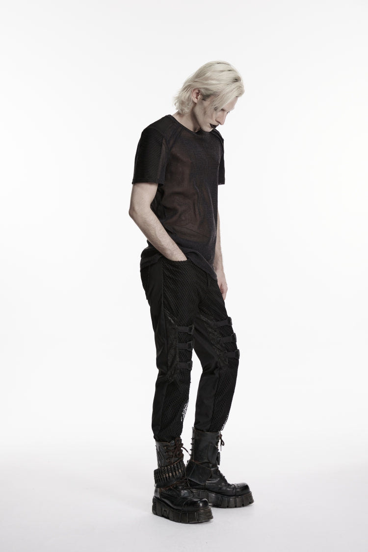 Black Spliced Slim Mesh Buckled Men's Punk Cool Pants - Product - 6