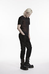 Black Spliced Slim Mesh Buckled Men's Punk Cool Pants - Product - 6