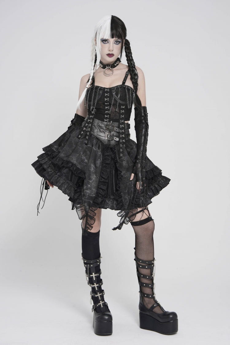 Black Off Shoulder Lace Lace-Up Slim Mesh Strappy Chain-Decorated Eyelet Women's Punk Corset - Product - 7