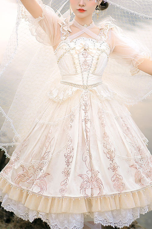 Apricot Gorgeous Hanayome Bowknot Lace Elegant Ruffled Sweet Lolita JSK Dress - Apricot - 1