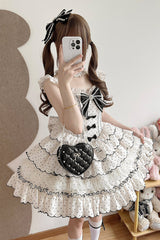 Beige Sleeveless Multi-Layered Polka Dots Printed Ruffled Bow Sweet Princess Lolita Jsk Dress - Product - 2