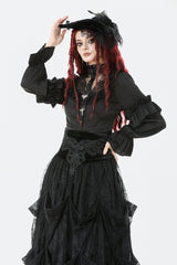 Black Sheer Stand Collar Ruffled Long Lantern Sleeves Women's Gothic Blouse - Product - 5