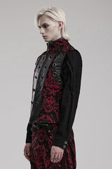 Black/Red Men's Stand Collar Jacquard Print Stitching Metal Ring Decoration Gothic Vest - Product - 2