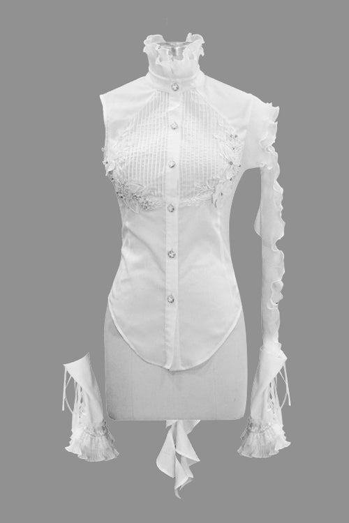 White Ruffled Lace Sleeves Chiffon Swallowtail Womens Gothic Blouse - Product - 4
