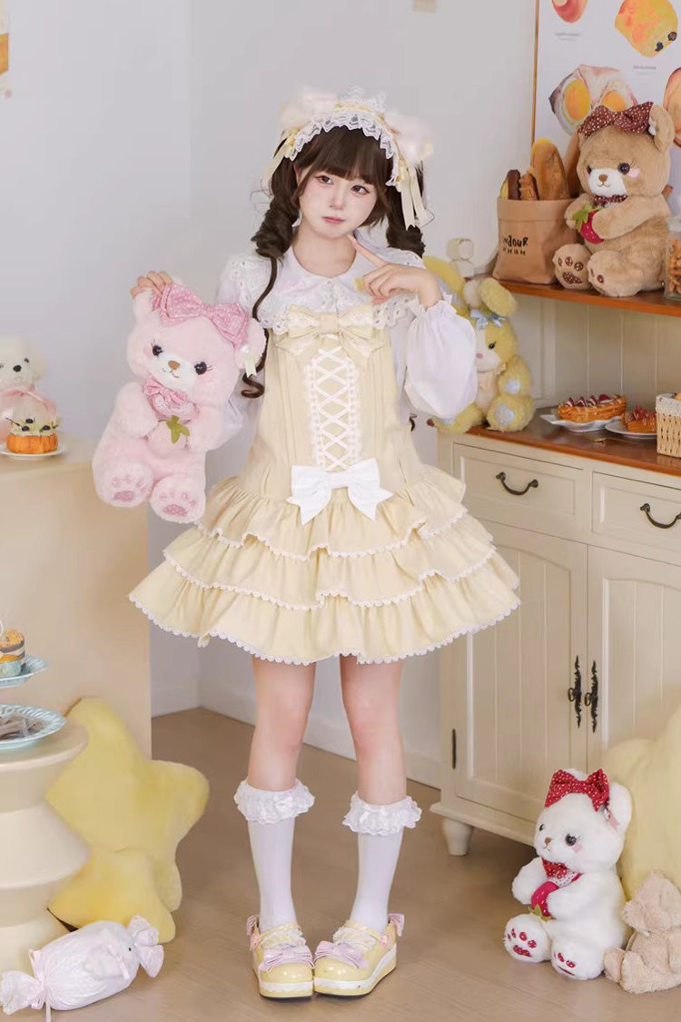 Yellow Nostalgic Showa Custard Cream Puff Sleeveless Triple-Layered Ruffled Bow Lace-Up Tiered Cake Sweet Jsk Dress - Product - 11