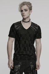 Black Short Sleeves Jacquard Faux Leather Stitching Ripped Rivet Men's Punk T-Shirt - Black - 1