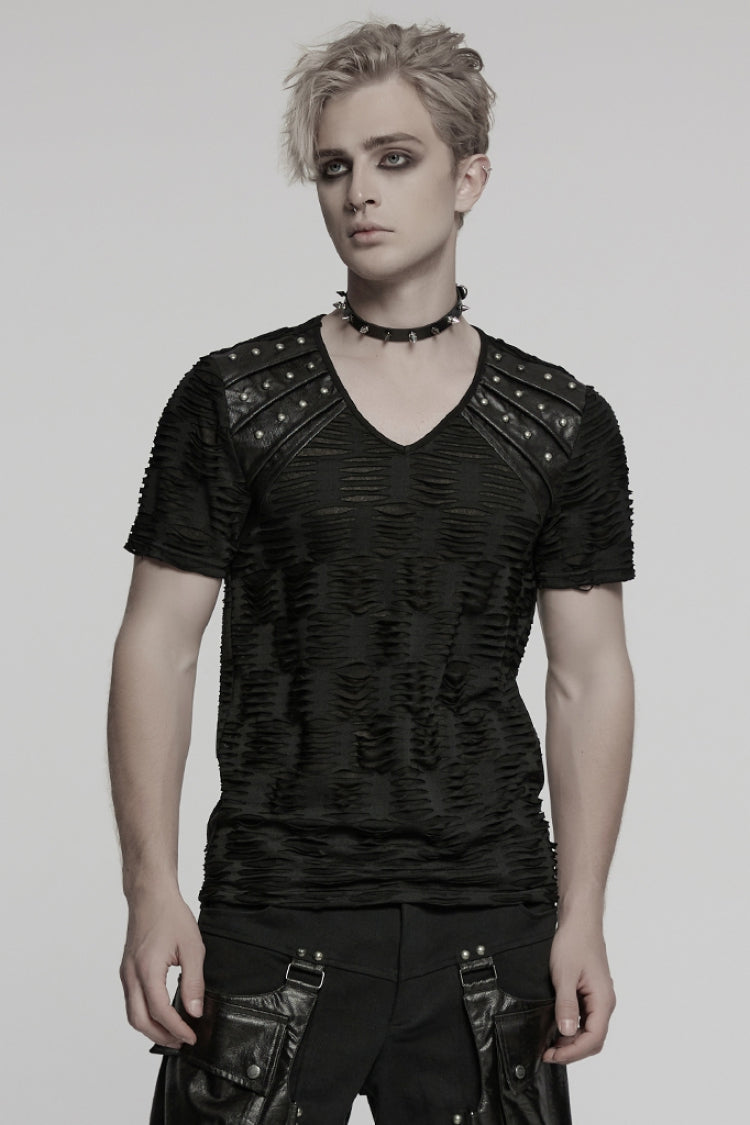 Black Short Sleeves Jacquard Faux Leather Stitching Ripped Rivet Men's Punk T-Shirt - Black - 1