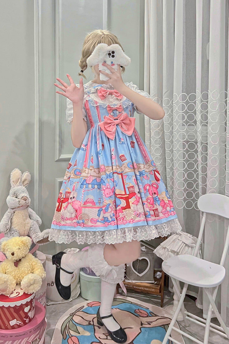 Blue/Pink Doll Playground Print Ruffle Bowknot Sweet (Dress Only) detail view 6