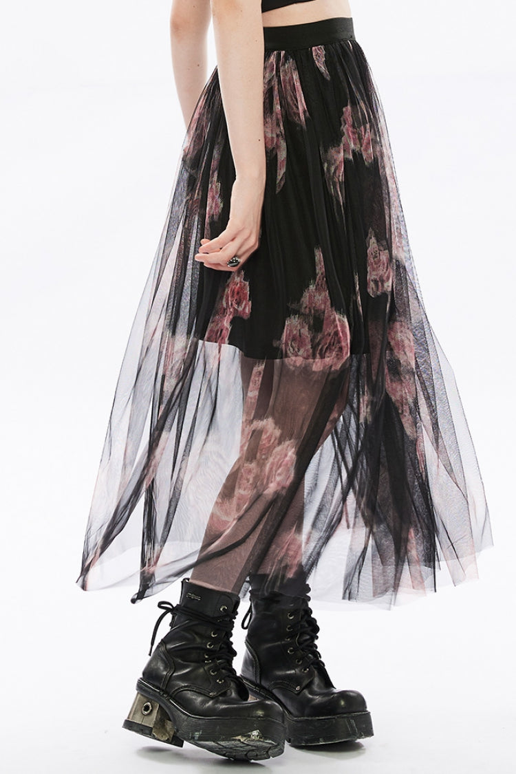 Rose Print Embroidery Stitching Lace Sheer Mesh Women's Gothic Skirt 2 Color - Product - 2