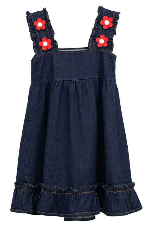 Black Denim Ruffled Strap With Flower Accessories High Waisted Sweet Lolita Strap Dress - Product - 9
