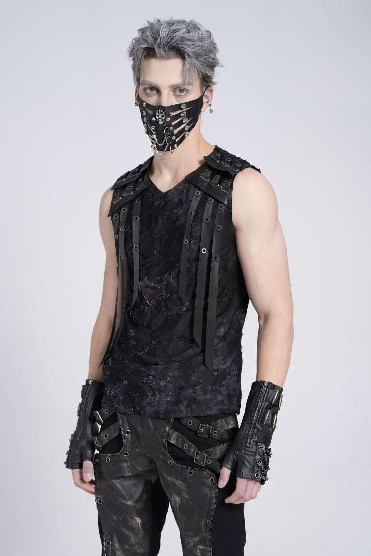Black Sleeveless Eyelet Strap Distressed Men's Gothic Vest - Product - 3