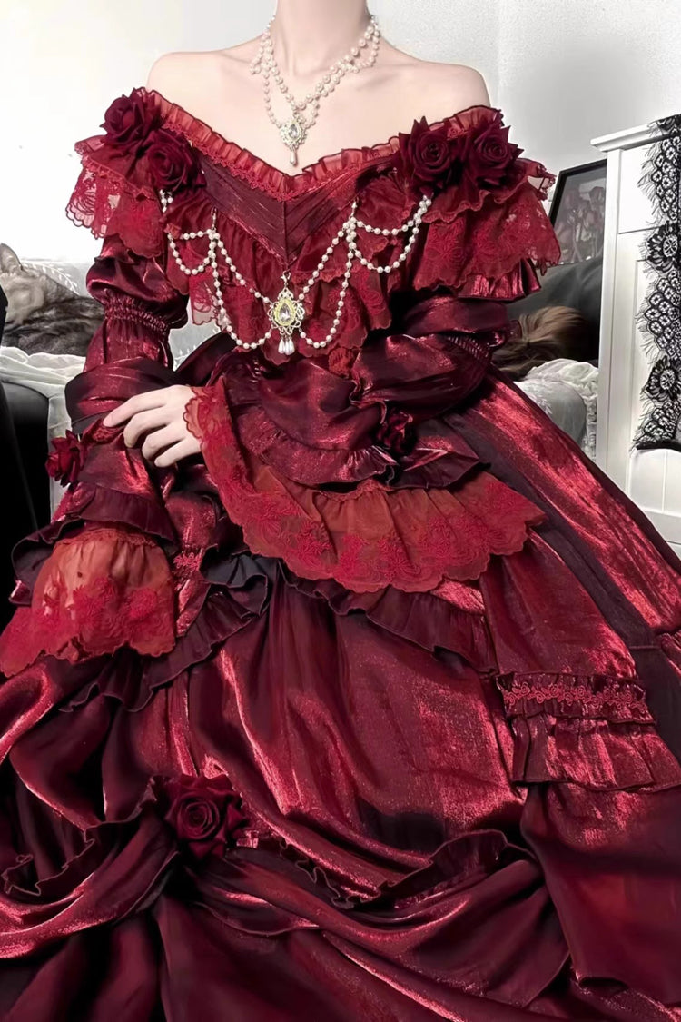 Red Tana Manor Rose Flower Long Sleeves Ruffle Bowknot Elegant Gothic Princess Lolita Strapless Dress - Product - 5