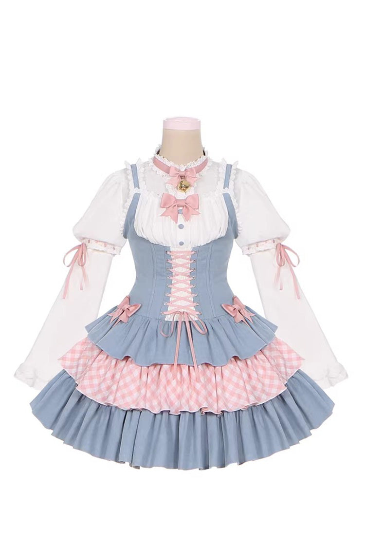 Blue/Pink [Rock Ballet] Printed Triple-Layered Ruffled Bow Lace-Up Sweet Lolita Jsk Dress - Product - 9