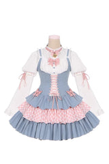 Blue/Pink [Rock Ballet] Printed Triple-Layered Ruffled Bow Lace-Up Sweet Lolita Jsk Dress - Product - 9